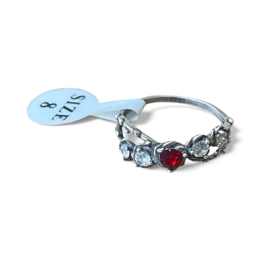 925 Sterling Silver Ring with Red and Clear Zircon Stones Size 8